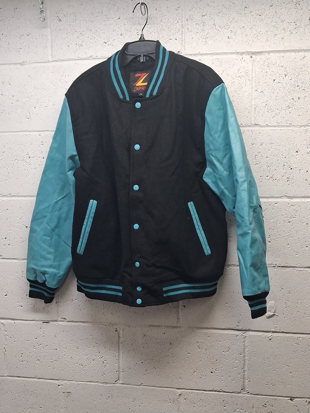 Zapra Men's Black and Teal Varsity Wool And Leather Jacket